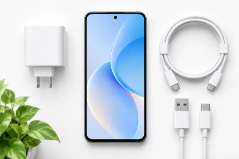 Celular con cargador, cable USB-C y conectores USB-A y USB-C