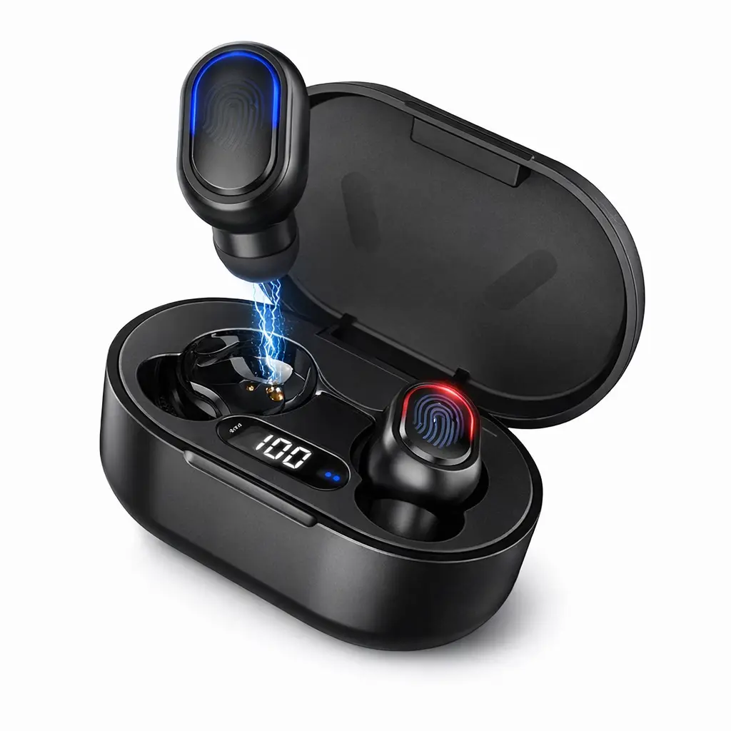 Audífonos 1Hora AUT114 TWS con estuche de carga y pantalla LED. Ideales para música y llamadas con diseño in-ear cómodo.