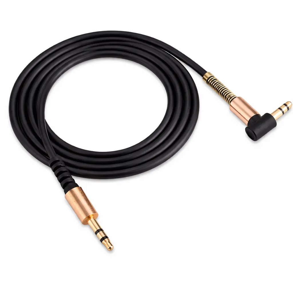 Cable AUX 3.5mm macho a macho con conector recto y en L, sonido claro y conexión estable. Ideal para auto, bocinas y audífonos.