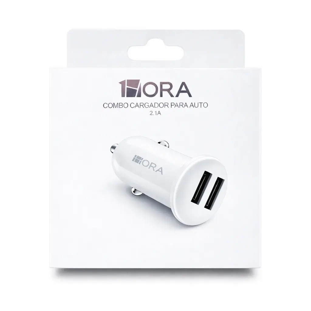 Combo 1HORA para auto con cargador dual USB 2.1A y cable incluido. Presentación sellada, práctica para carga básica dentro del vehículo.