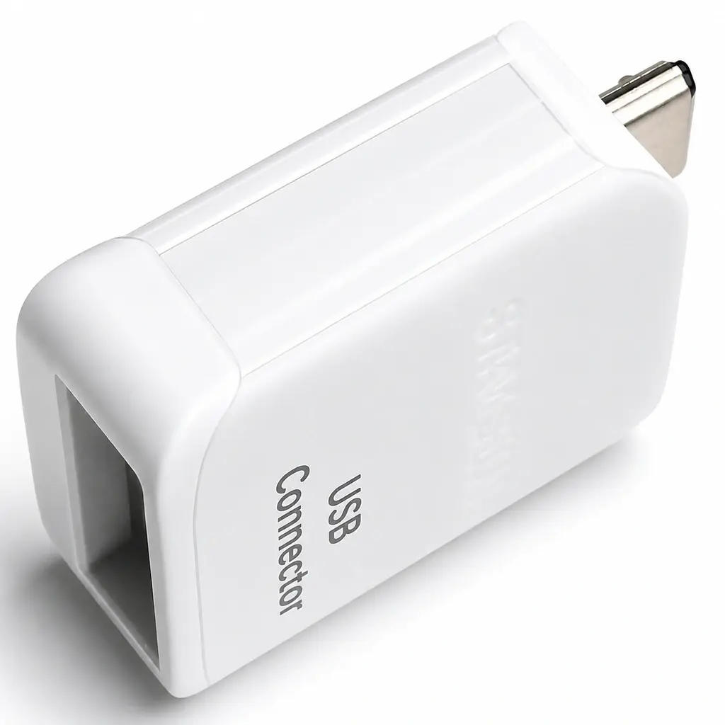 Adaptador OTG Samsung blanco con conector micro USB y entrada USB