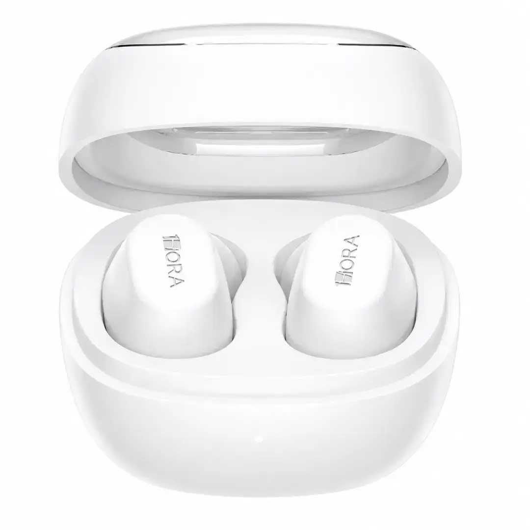Auriculares AUT208 1Hora blancos con cápsula transparente, diseño moderno y almohadillas de silicona en tres tamaños para mejor ajuste.