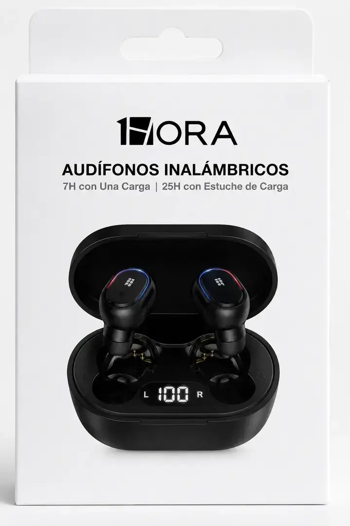 Audífonos inalámbricos Bluetooth 1Hora AUT114 con estuche de carga y pantalla LED de batería disponibles en Jiutepec.