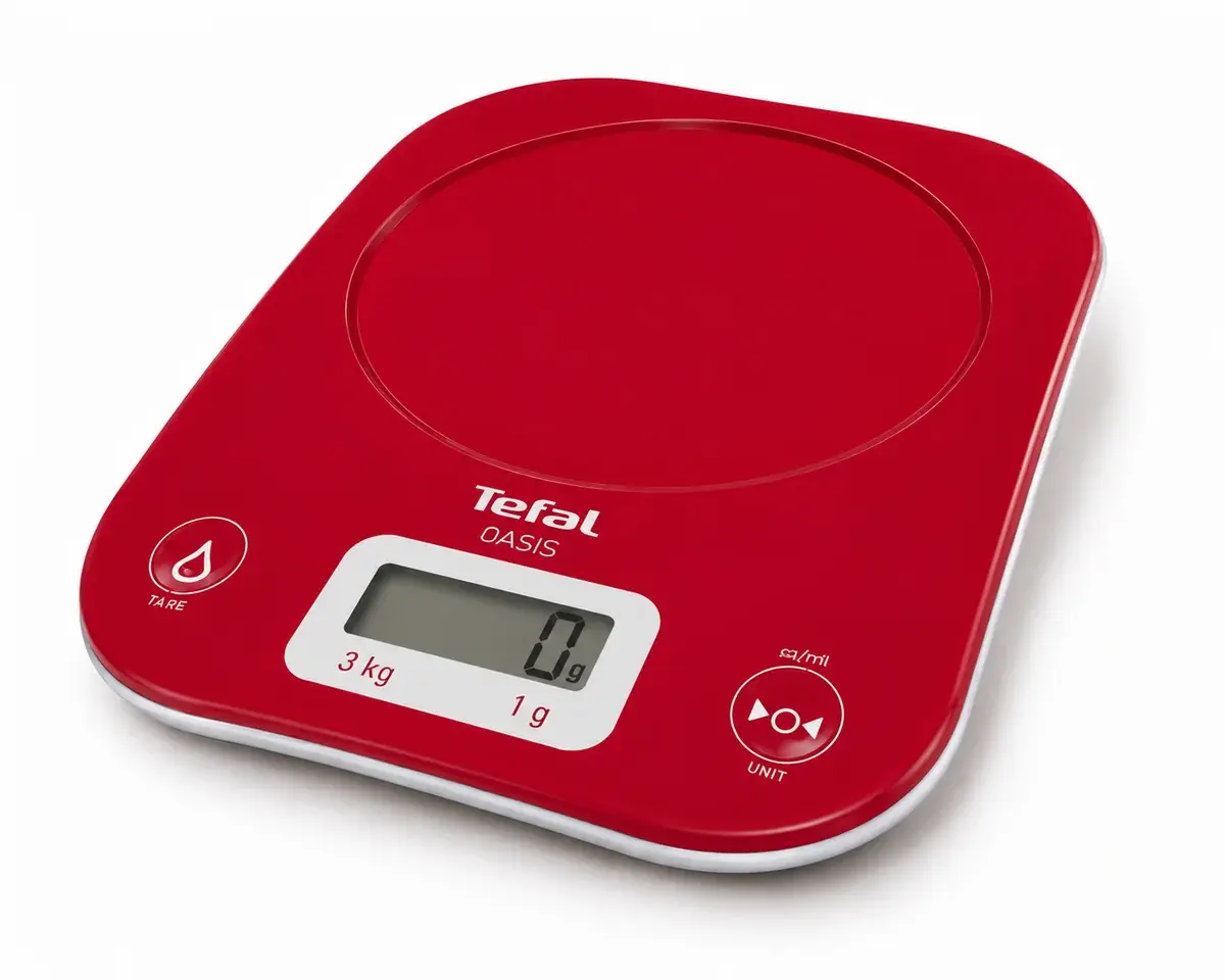 Báscula digital de cocina Tefal Oasis roja con pantalla LCD disponible en Jiutepec, Yautepec y Cuernavaca