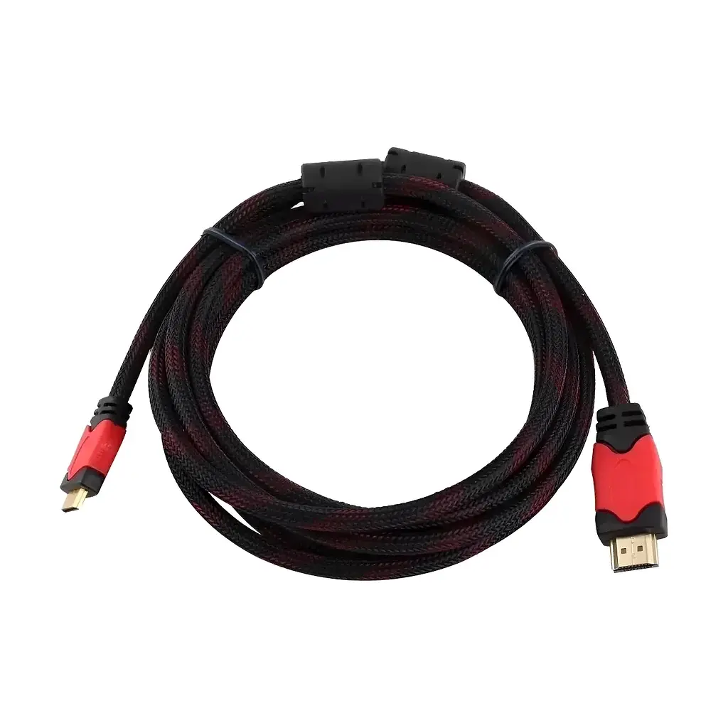 Detalle de conector HDMI macho con carcasa roja y cable trenzado en Jiutepec
