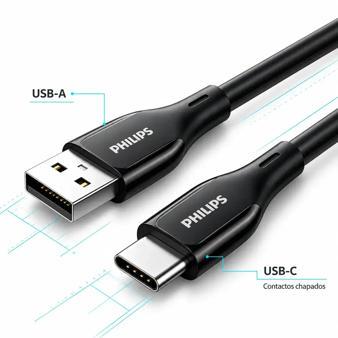 Cable Philips USB-A a USB-C de 1 metro en empaque original con salida de hasta 3A