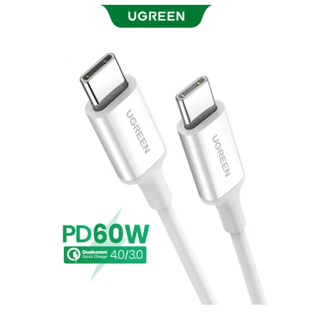 Cable UGREEN blanco USB-C a USB-C con potencia indicada de hasta 60 W.
