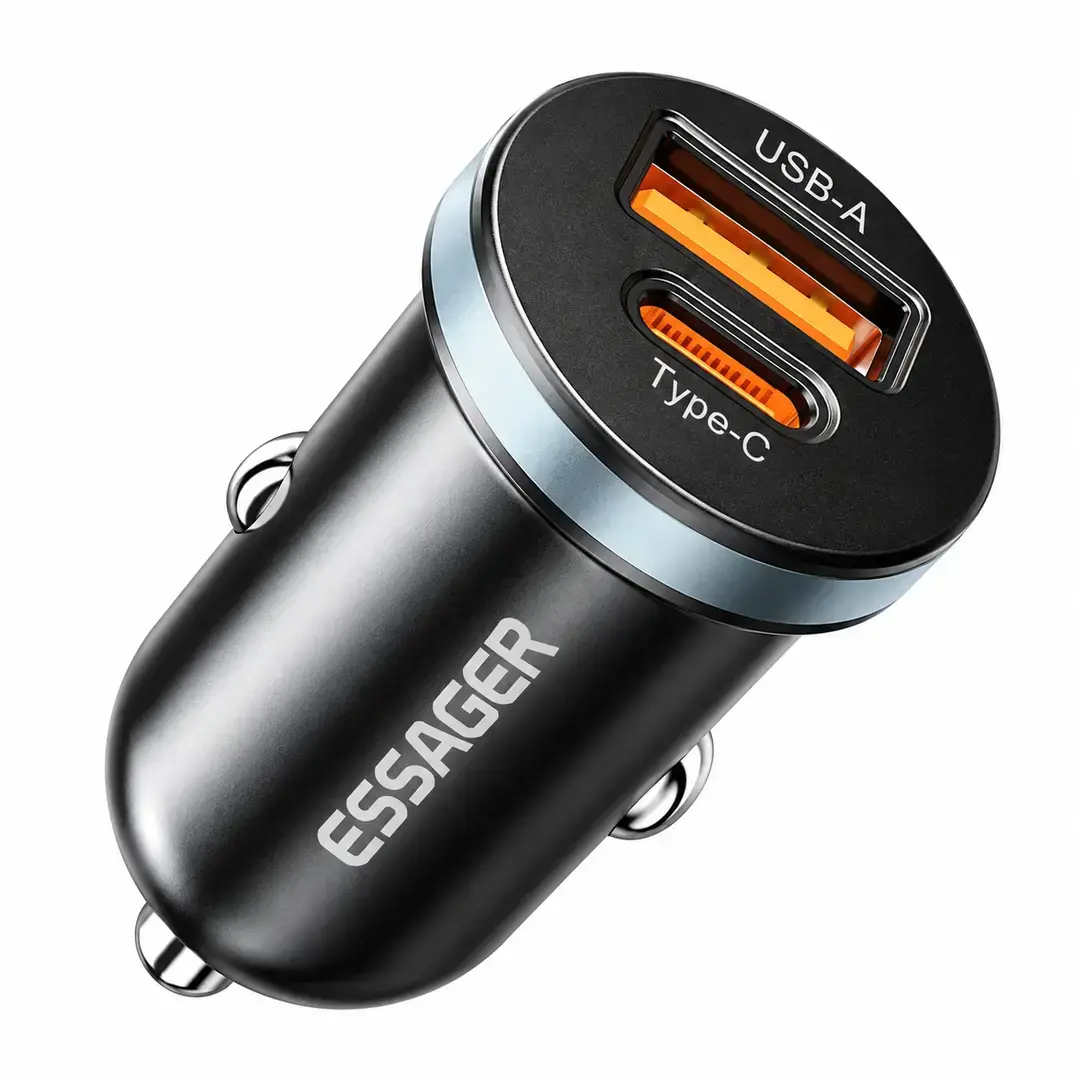  Cargador para auto ESSAGER 30W con USB-C y USB-A sobre fondo blanco