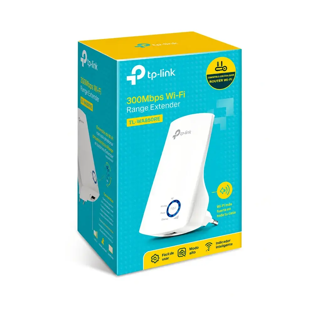Empaque del extensor de cobertura Wi-Fi TP-Link TL-WA850RE de 300 Mbps disponible en Jiutepec