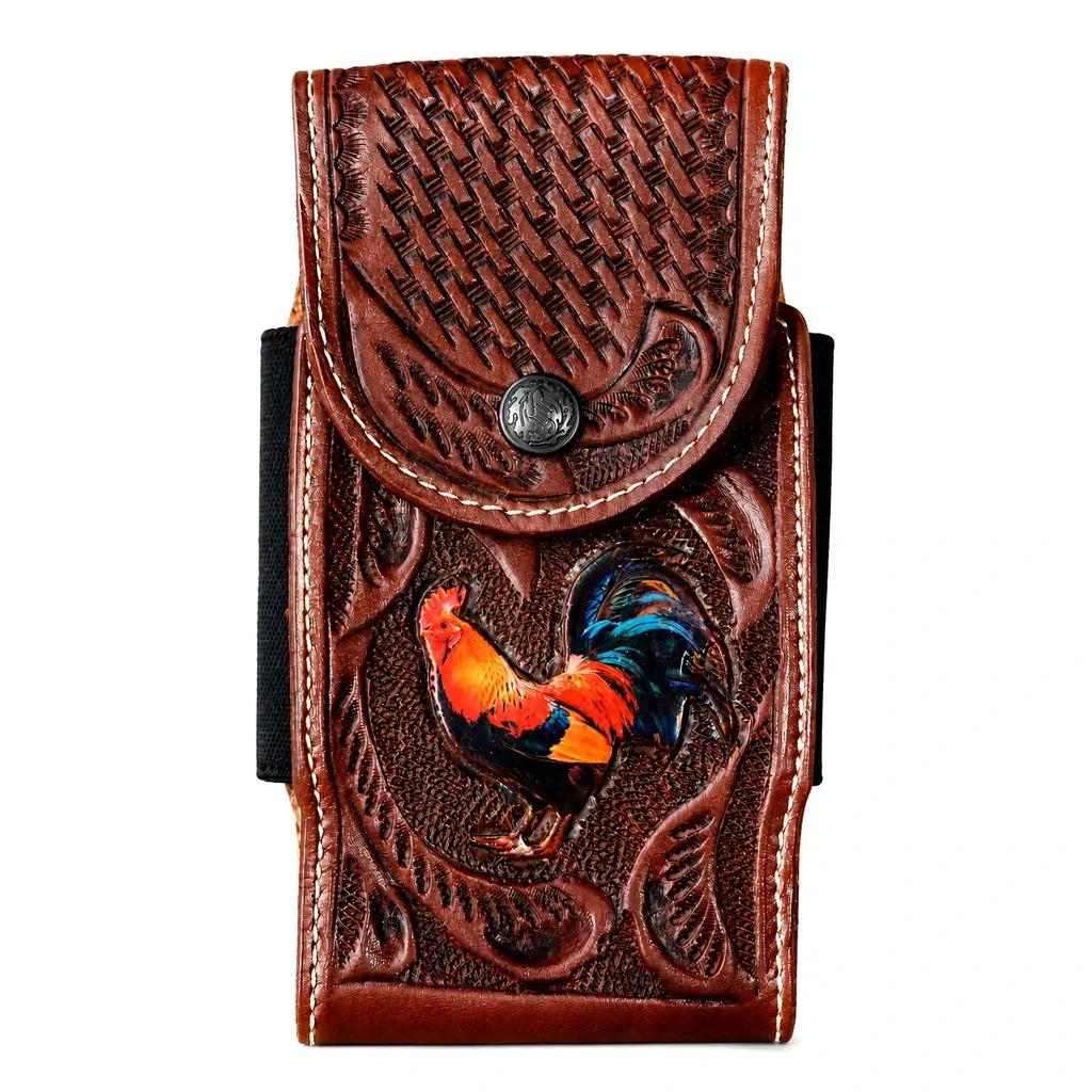 Funda tipo piel para celular color café con broche frontal y diseño decorativo de gallo