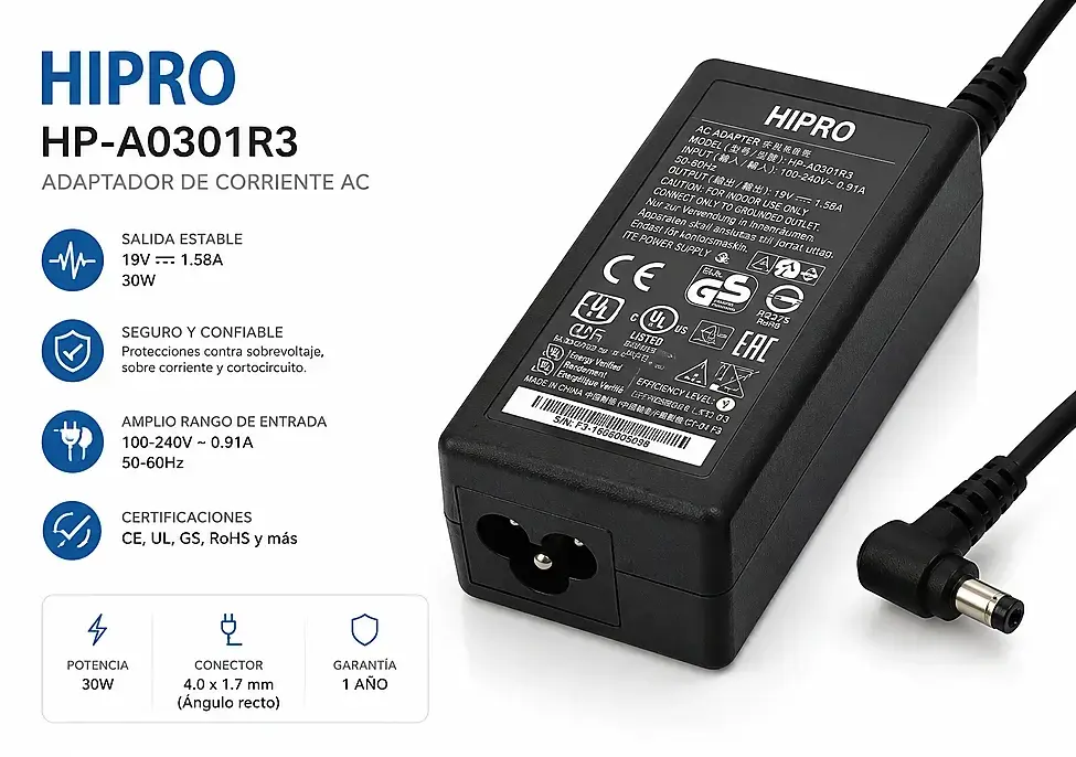Cargador HIPRO HP-A0301R3 de 30W con salida 19V 1.58A y conector redondo