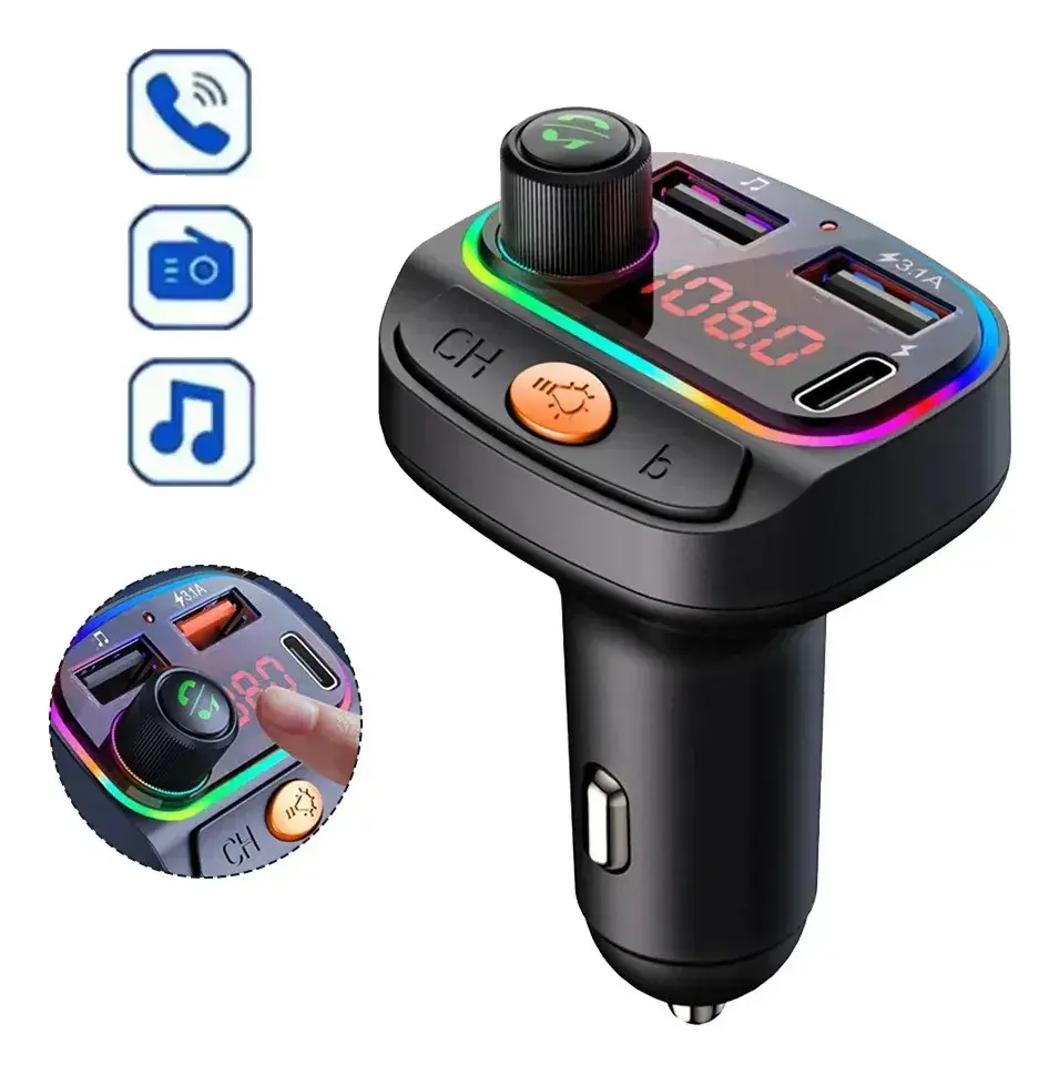Transmisor FM Bluetooth con carga rápida, puertos USB/PD y luces RGB. Conecta tu música, carga tu celular y mejora tu auto con estilo y funcionalidad.