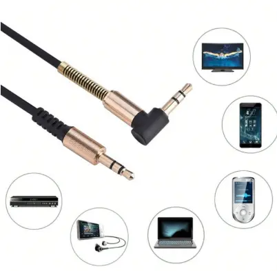 Cable AUX 3.5mm macho a macho con conector recto y en L, sonido claro y conexión estable. Ideal para auto, bocinas y audífonos.