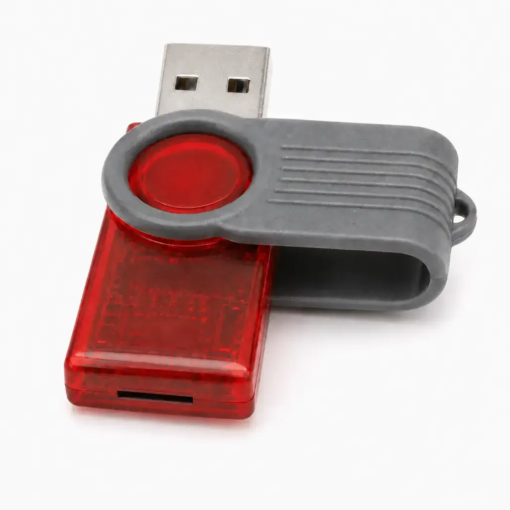 Lector USB para microSD giratorio rojo y gris con ranura visible