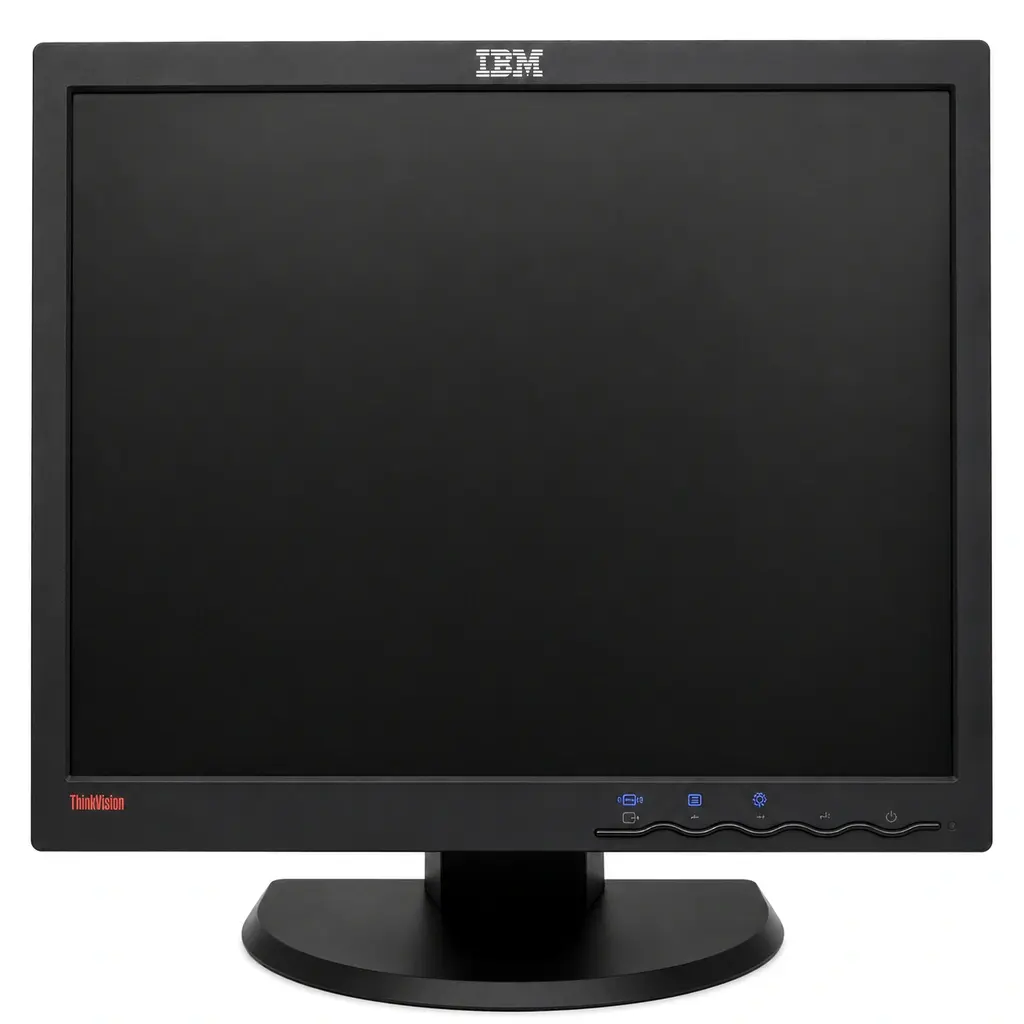Monitor IBM ThinkVision negro con pantalla frontal y controles inferiores