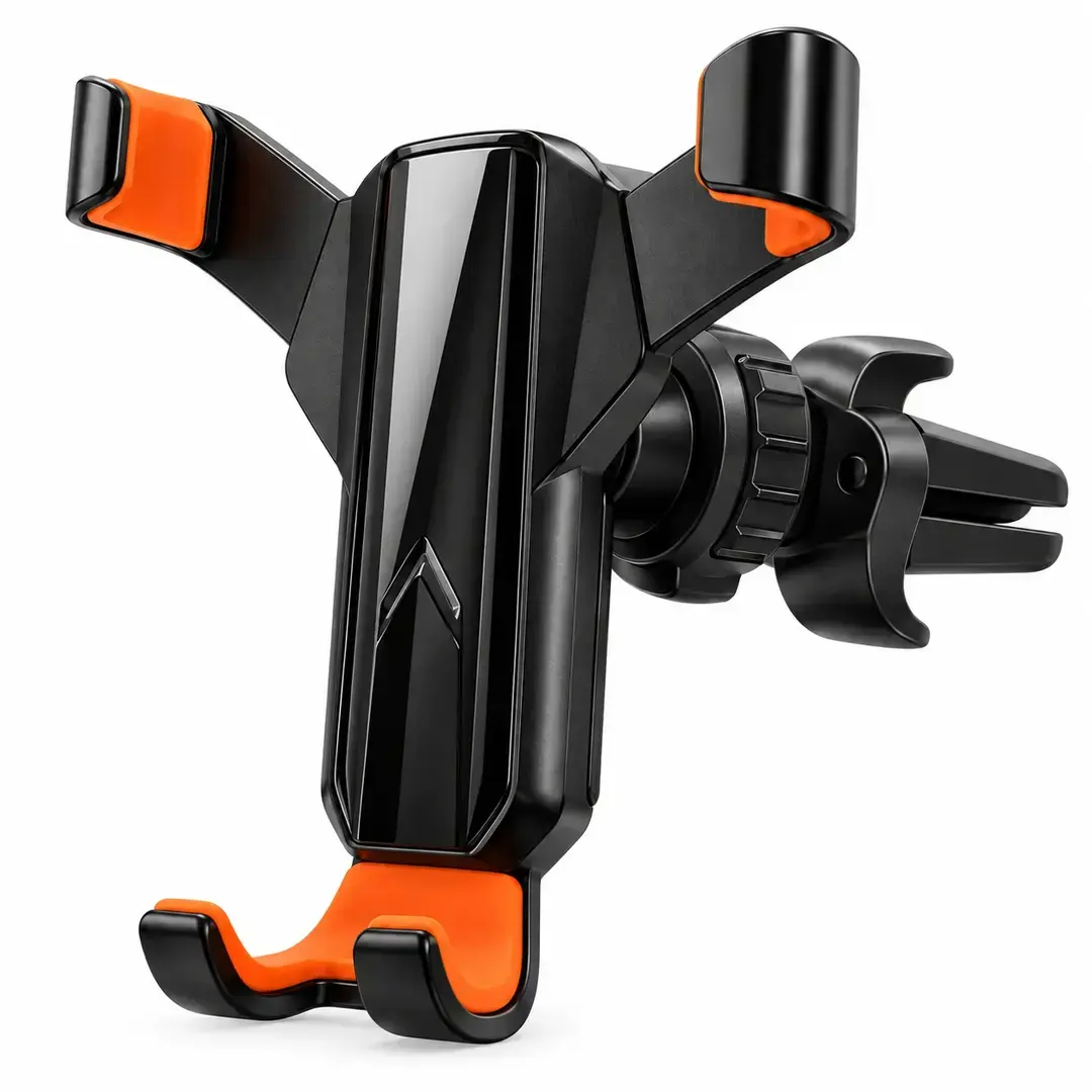 Soporte para celular de auto negro y naranja con brazos laterales y montaje para rejilla de ventilación