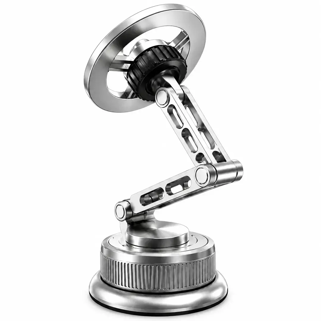 Soporte magnético para celular de aluminio con brazo articulado y base giratoria