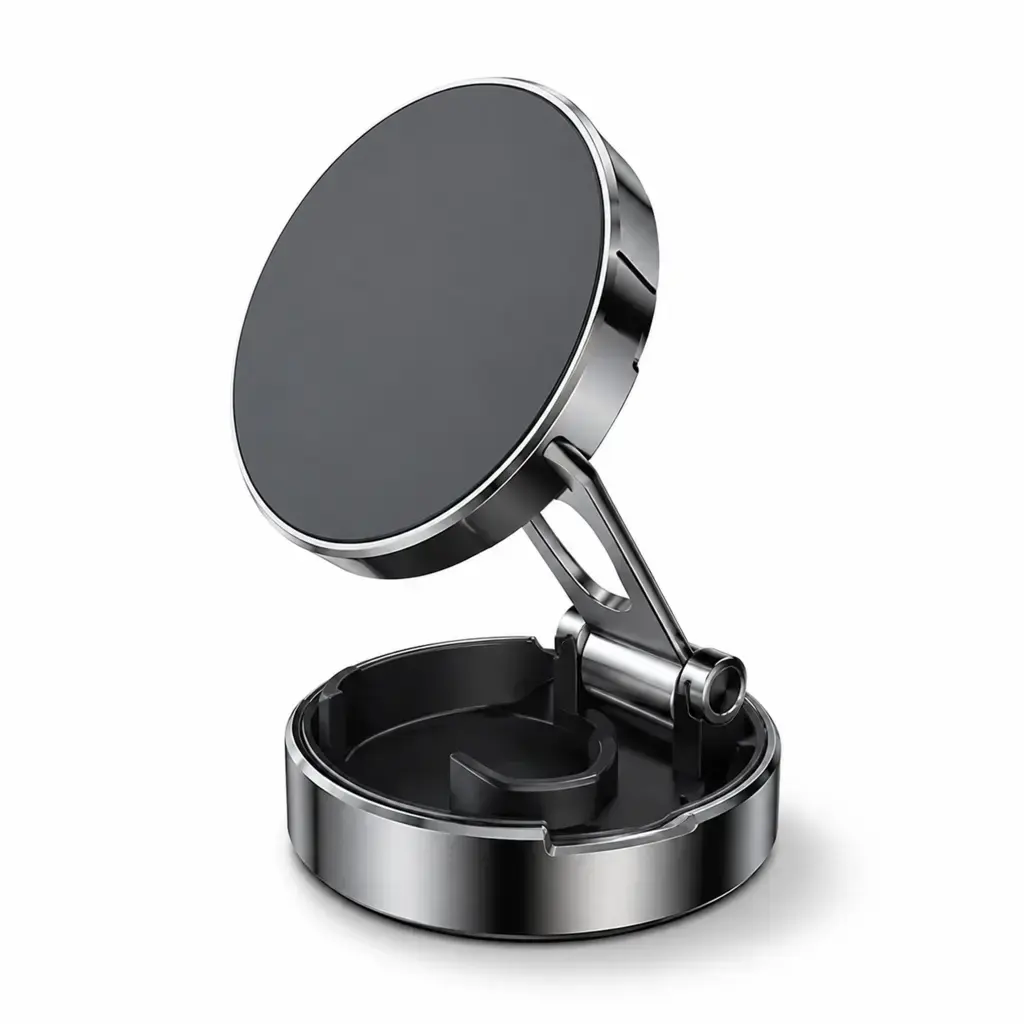 Soporte magnético plegable negro para celular usado en distintas áreas del automóvil