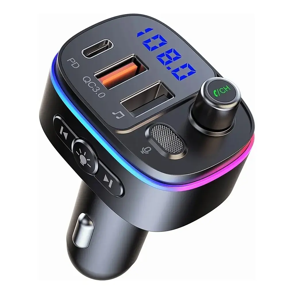Transmisor Bluetooth para auto con pantalla digital, puertos USB y micrófono
